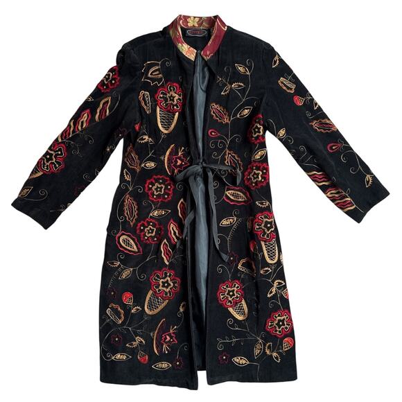 Entice Jackets & Blazers - VTG Entice Black Velvet Floral Embroidered Long Coat Duster Size M Boho Hippie